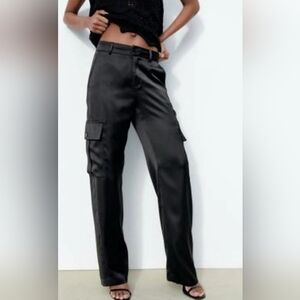 Zara Black Satin Cargo Pants